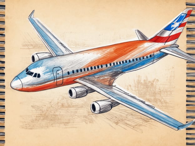 Ein Flugzeug ist in einem skizzenhaften Stil dargestellt. Es hat eine orange-weiße Farbgestaltung mit blauen und roten Akzenten. Die Tragflächen sind ausgefahren und die Triebwerke sind deutlich sichtbar. Der Hintergrund ist in einem beige-ähnlichen Farbton gehalten, der den Eindruck eines Notizbuchs erweckt. Dieses Bild könnte für Flugangebote oder Reiseinformationen verwendet werden und vermittelt eine Verbindung zur Luftfahrt.