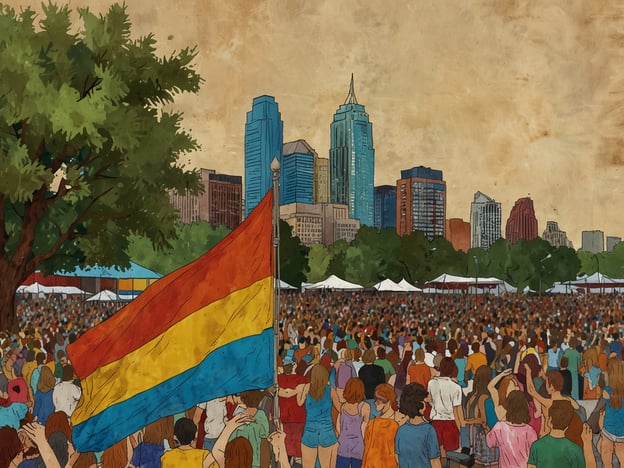 Das Bild zeigt eine große Menschenmenge, die in einem Park oder bei einem Festival zusammenkommt. Im Vordergrund weht eine Flagge in Regenbogenfarben, die oft mit der LGBTQ+-Gemeinschaft assoziiert wird. Im Hintergrund sind hohe Gebäude einer Stadt zu sehen, die eine städtische Atmosphäre vermitteln.In Austin, Texas, ist die Musikszene lebendig und vielfältig, was sich oft in Festivals und Veranstaltungen widerspiegelt, bei denen Menschen aus verschiedenen Kulturen und Hintergründen zusammenkommen. Solche Zusammenkünfte fördern nicht nur die Musik, sondern auch das Gemeinschaftsgefühl und die Feier von Vielfalt, was in diesem Bild gut zum Ausdruck kommt.