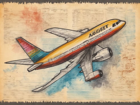 Ein buntes Flugzeug im Skizzenstil fliegt durch eine watercolorartige Hintergrundgestaltung. Das Flugzeug ist in den Farben Gelb, Rot und Blau gehalten und trägt die Aufschrift AxGRET. Im Hintergrund sind handschriftliche Notizen sowie Linien zu sehen, die an alte Dokumente erinnern.