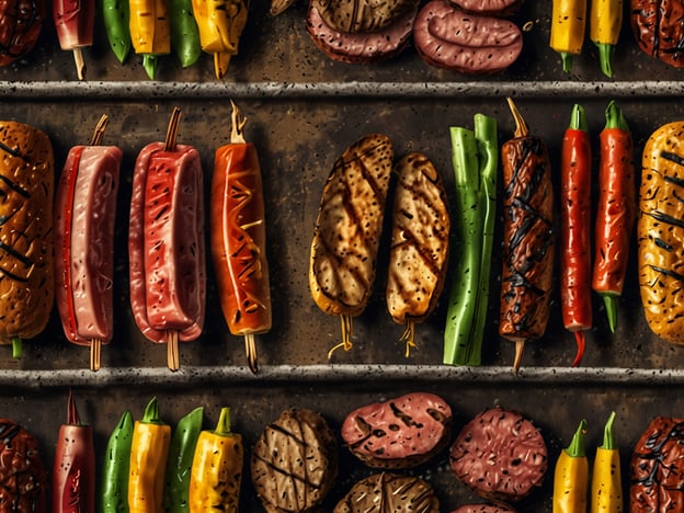 Auf dem Bild sind verschiedene gegrillte Speisen zu sehen, darunter Würstchen, Fleisch und Gemüse. In Austin sind solche Grillgerichte sehr beliebt, und die Stadt ist bekannt für ihre BBQ-Kultur.Besonders hervorzuheben sind die smoked Briskets, die oft mit einer Vielzahl von Saucen serviert werden, sowie die vielen Würstchenarten, die man auf den lokalen Grillfesten findet. Traditionelle Beilagen wie Jalapeños und Grillgemüse ergänzen die Mahlzeiten und verleihen ihnen eine würzige Note, die typisch für die Texanische Küche ist.