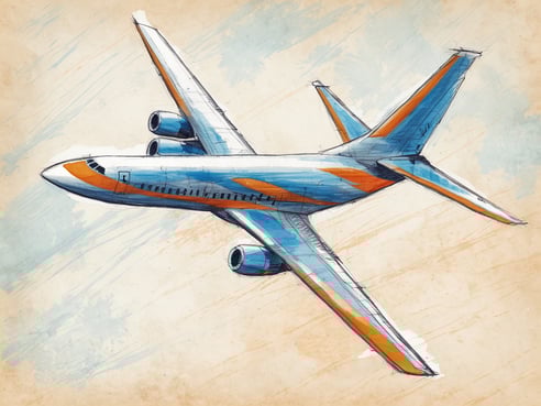 Ein skizziertes Flugzeug mit blauen und orangefarbenen Akzenten ist von oben zu sehen. Die Ansicht zeigt die Tragflächen und die Triebwerke des Flugzeugs. Der Hintergrund hat eine sanfte, verschwommene Textur in hellen Farben, die dem Bild einen künstlerischen Eindruck verleiht. Die Darstellung symbolisiert eine Reise oder Flugdauer.