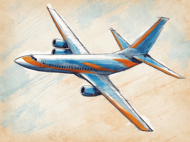Ein skizziertes Flugzeug mit blauen und orangefarbenen Akzenten ist von oben zu sehen. Die Ansicht zeigt die Tragflächen und die Triebwerke des Flugzeugs. Der Hintergrund hat eine sanfte, verschwommene Textur in hellen Farben, die dem Bild einen künstlerischen Eindruck verleiht. Die Darstellung symbolisiert eine Reise oder Flugdauer.