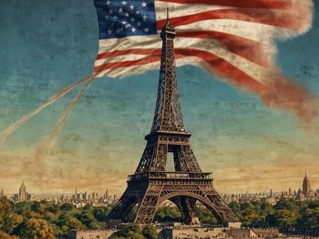 Auf dem Bild ist der Eiffelturm zu sehen, ein berühmtes Wahrzeichen von Paris, Frankreich. Der Eiffelturm symbolisiert unter anderem die Ingenieurskunst und den Stolz der französischen Kultur. Er wurde 1889 zur Weltausstellung erbaut und ist heute eines der bekanntesten Denkmal der Welt.Im Hintergrund sieht man die amerikanische Flagge, die möglicherweise eine Verbindung zur Freundschaft zwischen Frankreich und den USA symbolisieren soll. Diese beiden Länder haben eine lange Geschichte der Zusammenarbeit, besonders während der Amerikanischen Revolution, als Frankreich den Vereinigten Staaten entscheidende Unterstützung leistete.Zusammen zeigen diese Elemente die kulturellen Verbindungen und den Austausch zwischen zwei bedeutenden Nationen.