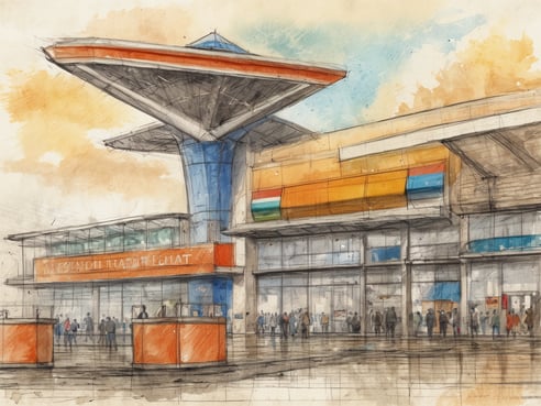 Das Bild zeigt eine künstlerische Darstellung eines Flughafenterminals mit moderner Architektur. Im Vordergrund sind mehrere Personen zu sehen, die sich auf dem Gehweg vor dem Terminal bewegen. Das Terminal hat ein auffälliges Dach mit einer großen Überdachung in ausgefallener Form und eine Fassade aus Glas und bunten Elementen. Auf einem orangefarbenen Banner steht ein Schriftzug, der den Namen des Flughafens aufweist. Die Stimmung des Bildes vermittelt einen geschäftigen Flughafenbetrieb unter einem hellen Himmel.
