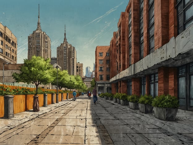 Auf dem Bild ist eine urbane Umgebung mit modernen Gebäuden und einer weitläufigen Straße zu sehen, die von Bäumen und Pflanzen gesäumt ist. Diese Szene spiegelt einige der modernen Herausforderungen wider, mit denen Städte konfrontiert sind, wie etwa die Integration von Natur in städtische Räume, die Verbesserung der Lebensqualität für die Bewohner und die Förderung von nachhaltiger Mobilität.Die Zukunft der Stadt könnte von einem noch stärkeren Fokus auf grüne Infrastruktur geprägt sein, mit mehr Fußgängerzonen, urbanen Gärten und der Unterstützung von Gemeinschaftsräumen. Durch innovative Stadtplanung können Lebensqualität und soziale Interaktion gefördert werden, während gleichzeitig ökologische Nachhaltigkeit und technologische Entwicklungen berücksichtigt werden.