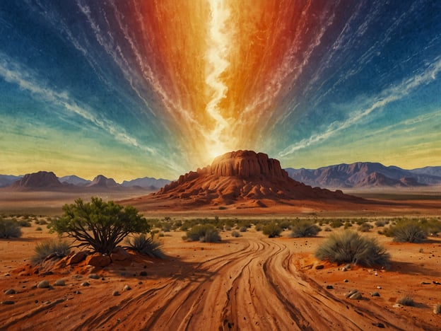 Auf dem Bild ist eine eindrucksvolle Landschaft zu sehen, die an die spirituelle Umgebung Sedonas erinnert. Sedona ist bekannt für seine atemberaubenden roten Felsen und die starke energetische Ausstrahlung, die viele Menschen anzieht, die auf der Suche nach spiritueller Erleuchtung sind.Die Vulkanform in der Mitte könnte als Symbol für Transformation und Erneuerung interpretiert werden, während der strahlende Lichtstrahl am Himmel auf göttliche Inspiration und höhere Bewusstseinszustände hindeuten könnte. Solche Erlebnisse in Sedona sind oft geprägt von Meditation, der Verbindung zur Natur und dem Streben nach innerem Frieden. Die Farben des Himmels könnten auch die verschiedenen spirituellen Ebenen repräsentieren, die man erreicht, wenn man sich auf diese Reise der Selbsterkenntnis begibt.