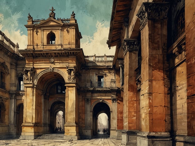 Auf dem Bild ist eine beeindruckende architektonische Struktur zu sehen, die durch ihre monumentalen Bögen und prächtigen Säulen besticht. Diese Bauweise spiegelt die Merkmale historischer Barock- oder Renaissancestile wider, die oft mit Ornamentik und symmetrischen Formen spielen. Die Verwendung von warmen Farben und die detaillierte Gestaltung der Fassaden verweist auf ein reiches kulturelles Erbe, das in der Stadtplanung vergangener Epochen verankert ist.Die Szene zeigt eine städtische Umgebung, in der der Platz zwischen den Gebäuden durch die Arkadengänge und Bögen geprägt ist. Solche architektonischen Elemente dienten nicht nur als ästhetische Merkmale, sondern auch als soziale Räume, die Menschen zusammenbrachten. Insgesamt vermittelt das Bild einen nostalgischen Eindruck einer vergangenen Zeit, in der Architektur als Ausdruck von Macht und Einfluss galt.
