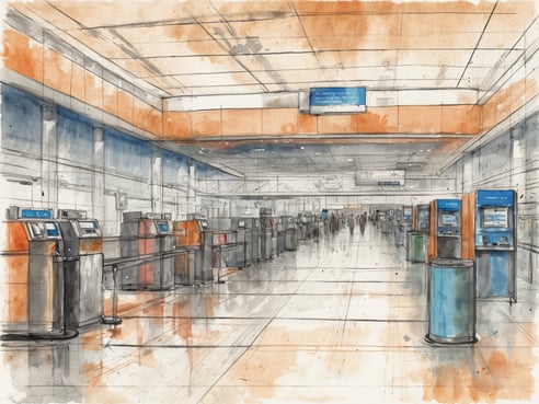Eine weitläufige Flughafenabfertigung mit mehreren Check-in-Terminals, die gleichmäßig auf beiden Seiten des Rahmens verteilt sind. Die Terminals sind modern gestaltet und verfügen über digitale Displays. Die Wände sind hell und gut beleuchtet, was eine freundliche Atmosphäre schafft. Am Ende des Terminals befinden sich unscharfe Silhouetten von Reisenden, die sich in Richtung der Sicherheitskontrollen begeben. Der Boden ist glänzend und reflektiert das Licht, während ein orangefarbener Akzent über der Empfangstheke zu sehen ist.