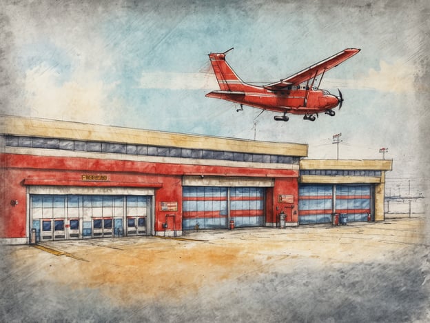 Ein rotes Flugzeug fliegt über ein Feuerwehrgebäude am Flughafen. Das Gebäude hat eine gelbe und rote Fassade mit großen, verglasten Garagentoren. Auf dem Dach sind mehrere Fahrlichter sichtbar. Im Hintergrund erstreckt sich ein klarer Himmel mit wenigen Wolken. Die Umgebung scheint asphaltierte Flächen zu haben, die zur Landebahn gehören.