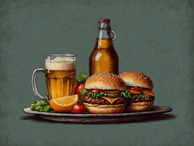 Auf dem Bild sind zwei Hamburger, ein Glas Bier und eine Flasche Bier zu sehen, zusammen mit einigen Beilagen wie Salat, Tomaten und einer Orangenscheibe.In Denver sind kulinarische Highlights, die dazu passen, unter anderem die lokalen Craft-Biere, die in vielen Brauereien erhältlich sind, und die berühmten Green Chili Burgers, die für ihren würzigen Geschmack bekannt sind. Außerdem gibt es eine Vielzahl von Food Trucks, die kreative Burgervariationen und frische Zutaten anbieten, was das Essen in der Stadt vielseitig und spannend macht.