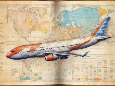 Eine stilisierte Illustration eines Flugzeugs, das in der Mitte einer Seite platziert ist, umgeben von schematischen Landkarten und technischen Informationen. Das Flugzeug hat eine orange-weiße Lackierung und ist von verschiedenen geografischen Karten umgeben, die Nord- und Südamerika sowie Teile der Welt zeigen. Unter dem Flugzeug sind Tabellen und Diagramme zu sehen, die relevante Fluginformationen enthalten. Der gesamte Hintergrund ist in sanften Farben gehalten, was dem Bild einen vintage-artigen Charme verleiht.