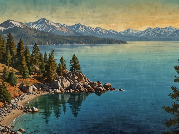 Lake Tahoe ist ein malerischer Gebirgssee an der Grenze von Kalifornien und Nevada und bekannt für seine atemberaubende Landschaft und vielseitigen Freizeitmöglichkeiten.
Auf dem Bild ist eine schöne Landschaft zu sehen, die den Lake Tahoe darstellt. Im Vordergrund erkennt man eine Küstenlinie mit glitzerndem klaren Wasser, umgeben von Felsen und Bäumen. Im Hintergrund erheben sich majestätische Berge, die mit Schnee bedeckt sind. Der Himmel zeigt sanfte Farben, die auf eine friedliche Abendstimmung hindeuten. Diese Szenerie fängt die natürliche Schönheit und die ruhige Atmosphäre von Lake Tahoe perfekt ein.