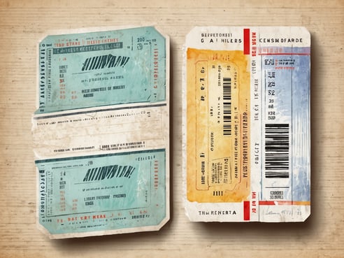Auf dem Bild sind zwei Flugscheine abgebildet, die unterschiedlich gefärbt und gestaltet sind. Der linke Flugschein hat eine grüne Grundlage mit blauen und roten Akzenten sowie abgedruckten Informationen wie Flugnummer, Abflughafen und Datum. Der rechte Flugschein erscheint in warmen Farben, darunter Gelb und Blau, und enthält ebenfalls relevante Fluginformationen sowie einen Barcode. Beide Flugscheine haben sichtbare Gebrauchsspuren, was auf ihr Alter hinweist.