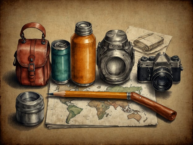Auf dem Bild sind verschiedene Reiseutensilien zu sehen, darunter eine Ledertasche, Getränkedosen, eine Flasche, eine Kamera, eine Schreibutensil und eine Karte. Diese Gegenstände sind typische Begleiter für Abenteuer und Erkundungen.
**Praktische Tipps für Deinen Besuch:**
1. **Pack leicht:** Nehme nur das Essentielle mit, um Platz für Souvenirs zu lassen.
2. **Kamera bereit halten:** Halte deine Kamera griffbereit, um besondere Momente festzuhalten.
3. **Karten nutzen:** Informiere dich über die Umgebung und nutze Karten, um interessante Orte zu entdecken.
4. **Getränke mitnehmen:** Stelle sicher, dass du genügend Wasser dabei hast, besonders an warmen Tagen.
5. **Notizen machen:** Halte Eindrücke und Erlebnisse fest, um sie später zu reflektieren.
Viel Spaß auf deiner Reise!