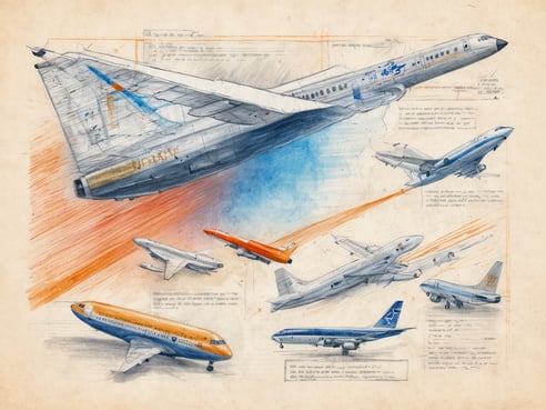 Das Bild zeigt eine künstlerische Darstellung mehrerer Flugzeuge in verschiedenen Positionen und Perspektiven. Im Vordergrund ist ein Flugzeug zu sehen, das in einem dynamischen Steigflug dargestellt ist. Um dieses zentrale Flugzeug sind mehrere andere Flugzeuge angeordnet, darunter Modelle im Landeanflug und in verschiedenen Flughaltungen. Der Hintergrund ist farblich gestaltet mit orangefarbenen und blauen Akzenten, die den Eindruck von Bewegung und Dynamik vermitteln. Technische Skizzen und beschriftete Notizen ergänzen das Bild und geben einen Eindruck von den Eigenschaften und Spezifikationen der dargestellten Flugzeuge.