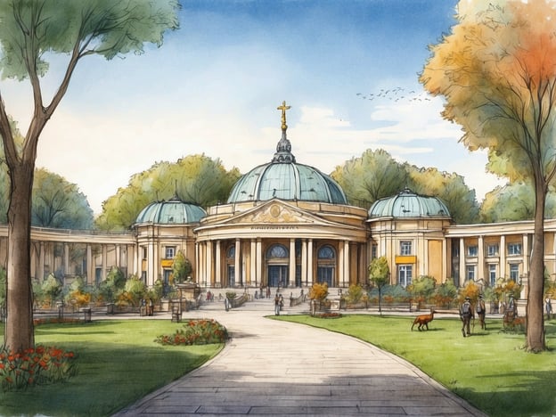Das Bild zeigt eine architektonische Darstellung eines Gebäudes in einem parkähnlichen Umfeld, möglicherweise eine historische oder kunstvolle Szene, die an einen Zoologischen Garten erinnert. In der Geschichte des Zoologischen Gartens Augsburg, der 1939 eröffnet wurde, spielten die Gebäude und die Gestaltung der Anlage eine zentrale Rolle. Der Zoo hat eine lange Tradition in der Pflege und Präsentation von Tieren sowie der Bildung der Öffentlichkeit über Tierarten und Naturschutz.Die Architektur des dargestellten Gebäudes könnte an die ursprünglichen Strukturen erinnern, die oft kunstvoll gestaltet sind und eine Verbindung zwischen Natur und Kultur symbolisieren. Solche Einrichtungen sind wichtige Orte für Bildung und Erholung und bieten Familien und Besuchern die Möglichkeit, die Vielfalt der Tierwelt zu erleben.