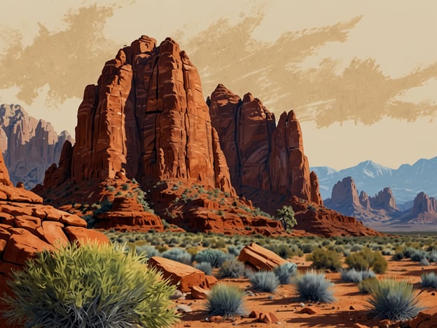 Das Bild zeigt eine beeindruckende Landschaft des Zion Nationalparks, charakterisiert durch majestätische rote Felsen und eine trockene, wüstenartige Umgebung. In der Natur sind typische Pflanzen des Südwestens der USA zu sehen, wie Sträucher und Gräser, die sich gut an die trockenen Bedingungen angepasst haben.In dieser Region leben auch verschiedene Tierarten, darunter verschiedene Vogelarten wie den Roten Schwanzbussard und kleinere Säugetiere wie das Wüstenkaninchen. Die Kombination aus beeindruckenden Felsformationen und vielfältiger Flora und Fauna macht den Zion Nationalpark zu einem einzigartigen Lebensraum in der Natur.