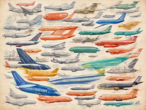 Das Bild zeigt eine Vielzahl von Flugzeugen, die in verschiedenen Farben und Designs skizziert sind. Es sind unterschiedliche Flugzeugtypen zu sehen, darunter Verkehrsflugzeuge, Frachtflugzeuge und möglicherweise Militärflugzeuge. Die Flugzeuge sind in mehreren Horizontallinien angeordnet und enthalten verschiedene Details sowie Beschriftungen. Die Farben reichen von Blau und Rot über Grün und Orange bis zu Grautönen. Das Bild vermittelt den Eindruck einer technischen oder künstlerischen Zeichnung, die sich mit der Vielfalt der Luftfahrt befasst.