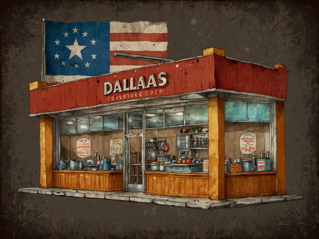 Auf dem Bild sieht man ein Restaurant mit dem Namen "Dallaas Conzutore Co." Es hat eine typisch südstaatliche Architektur und eine rote Fassade. Über dem Eingang weht eine Flagge, die an den Süden der USA erinnert. Durch die Fenster kann man verschiedene Kochutensilien und einen Teil der Küche erkennen, was auf eine lebhafte, einladende Atmosphäre hinweist, in der südstaatliche Genüsse zubereitet werden.
