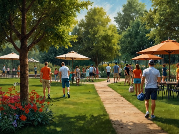 Auf dem Bild ist eine belebte Parklandschaft zu sehen, die eine angenehme Atmosphäre für Outdoor-Aktivitäten bietet. Viele Menschen spazieren auf einem Weg, der von Bäumen und bunten Blumen gesäumt ist. Die Präsenz von Sonnenschirmen und Tischen deutet darauf hin, dass es Möglichkeiten zum Entspannen und Genießen gibt, möglicherweise mit Picknicks oder Erfrischungen.In Dallas gibt es zahlreiche Parks und Freiflächen, die ideal für solche Erholungsaktivitäten sind. Beispiele sind der Klyde Warren Park oder der White Rock Lake Park, die beide zahlreiche Möglichkeiten für Spaziergänge, Sportarten und soziale Veranstaltungen bieten. Solche Orte sind perfekt, um die Natur zu genießen und sich zu erholen.