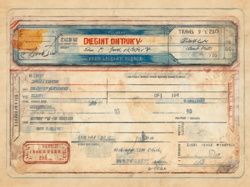 Das Bild zeigt ein altes Flugticket, das mit verschiedenen handschriftlichen und gedruckten Informationen versehen ist. Oben befindet sich eine farbige Beschriftung mit dem Titel des Ticketanbieters sowie Reiseinformationen. Das Ticket ist leicht beschädigt und zeigt Gebrauchsspuren wie verfärbte Kanten und Falten. Es sind unterschiedliche Felder vorhanden, die persönliche Daten, Fluginformationen und Gebühren ausweisen. Die Farben sind verblasst und das Papier hat eine unregelmäßige Textur.