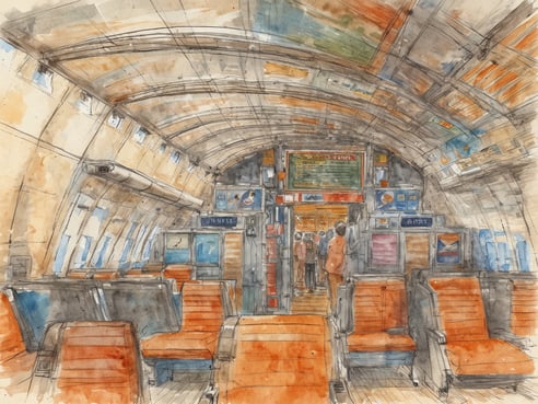 Das Bild zeigt das Innere eines Flugzeugs mit orangefarbenen Sitzen und einem großzügigen Raumgefühl. Der Kabinenbereich ist hell erleuchtet mit Fenstern an den Seiten, durch die Tageslicht strömt. An den Wänden befinden sich verschiedene Anzeigen und Informationen für Passagiere. Einige Personen sind im hinteren Bereich zu sehen, während andere in der Mitte stehen. Der Boden ist aus Holz, was dem Raum eine warme Atmosphäre verleiht.