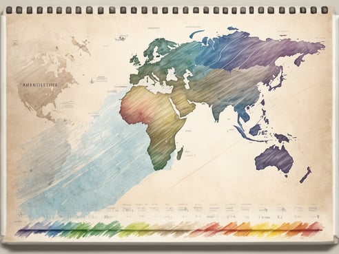 Die Darstellung zeigt eine farbenfrohe Weltkarte, die in einem aquarellartigen Stil gestaltet ist. Die Kontinente sind in verschiedenen Farben gehalten, wobei jede Region eine eigene Farbnuance aufweist. Auf der Karte sind zahlreiche geographische Beschriftungen und Hinweise zu finden, die die Lage von Städten und Ländern verdeutlichen. Am unteren Rand sind farbige Streifen zu sehen, die möglicherweise verschiedene Zeit- oder Klimazonen darstellen. Die gesamte Komposition vermittelt einen künstlerischen Eindruck einer geografischen Übersicht.