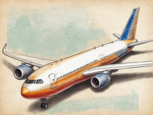 Das Bild zeigt ein Flugzeug in seitlicher Perspektive, das auf einer Fläche abgestellt ist. Die Farbgebung des Flugzeugs umfasst eine Mischung aus Orange, Weiß und Blau. Die Tragflächen sind ausgeklappt und die Triebwerke sind sichtbar. Der Hintergrund ist hell mit einem leicht strukturierten, pastellfarbenen Ton, der das Flugzeug hervorhebt. Es vermittelt den Eindruck eines detaillierten technischen Entwurfs oder einer künstlerischen Darstellung von Flugzeugabfertigung.
