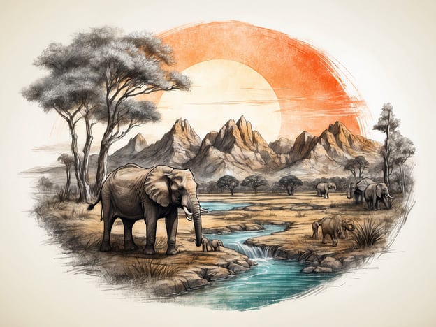 Das Bild zeigt eine herrliche afrikanische Landschaft mit Elefanten, die an einem Fluss stehen, umgeben von Bäumen und Bergen. Diese Szenerie erinnert an die beeindruckenden Tierarten und die natürliche Schönheit des Serengeti-Parks, der für seine vielfältige Tierwelt bekannt ist.Die Geschichte des Serengeti-Parks ist geprägt von der Idee, die natürliche Lebensumgebung von Wildtieren zu bewahren und zu schützen. Der Park ist bekannt für seine spektakulären Tierwanderungen, die Millionen von Gnus, Zebras und anderen Tieren anziehen. Elefanten, wie sie auf dem Bild dargestellt sind, spielen eine wichtige Rolle im Ökosystem der Serengeti, indem sie die Landschaft formen und das Gleichgewicht in der Natur aufrechterhalten.Der Serengeti-Park steht auch beispielhaft für den Naturschutz und die Bemühungen, die majestätischen Tiere und ihre Lebensräume zu schützen, die für das Erbe der Erde von entscheidender Bedeutung sind.