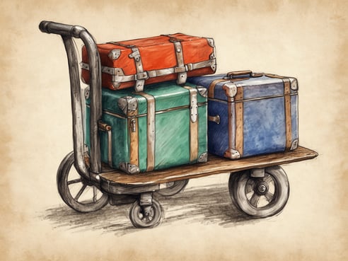 Ein Gepäckwagen mit drei Koffern steht auf einer Holzplattform. Der oberste Koffer ist orange, der mittlere Koffer ist grün und der unterste Koffer ist blau. Alle Koffer haben metalliche Beschläge und einen rustikalen Look. Der Gepäckwagen hat zwei Räder, die eine einfache Mobilität ermöglichen. Der Hintergrund ist in sanften Erdtönen gehalten, was dem Bild einen nostalgischen Charakter verleiht.