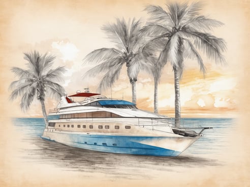 Auf dem Bild ist ein elegantes Boot zu sehen, das im ruhigen Wasser liegt. Es hat einen weißen Rumpf mit blauen und roten Akzenten. Hinter dem Boot stehen hohe Palmen, die eine tropische Atmosphäre schaffen. Der Himmel zeigt sanfte Farbtöne und der Sonnenuntergang ist leicht sichtbar, was dem Bild eine entspannte Urlaubsstimmung verleiht. Diese Szenerie vermittelt den Eindruck eines idyllischen Glückshotels am Wasser.
