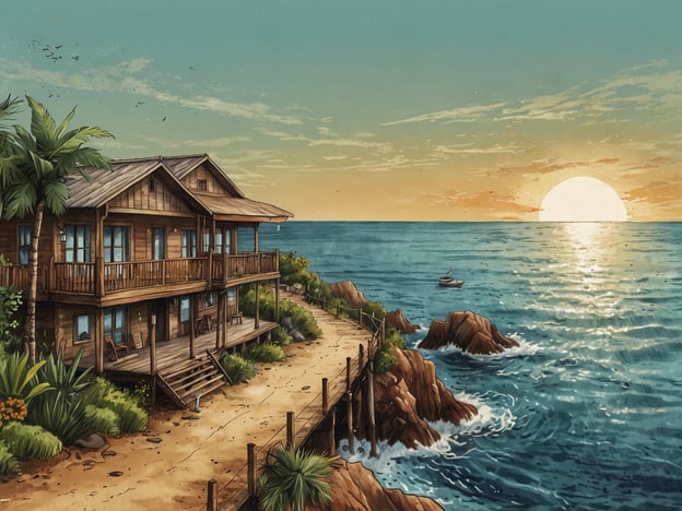 Auf dem Bild ist ein malerisches Küstenhaus zu sehen, das an einem sonnigen Abend am Meer steht. Die Szenerie strahlt eine ruhige und entspannende Atmosphäre aus, mit sanften Wellen, die gegen die Felsen schlagen, und einem Sonnenuntergang, der den Himmel in warme Farben taucht.Im Kontext von nachhaltigem Tourismus in Big Sur könnte man sagen, dass solche idyllischen Unterkünfte oft Teil von umweltbewussten Initiativen sind. Diese Art von Tourismus fördert den Erhalt der natürlichen Umgebung, indem sie umweltfreundliche Praktiken und Respekt für die lokale Kultur unterstützt. Gäste werden angeregt, die atemberaubende Landschaft zu genießen, während gleichzeitig darauf geachtet wird, dass die Natur geschützt bleibt, was zu einem harmonischen Miteinander von Mensch und Umwelt beiträgt.