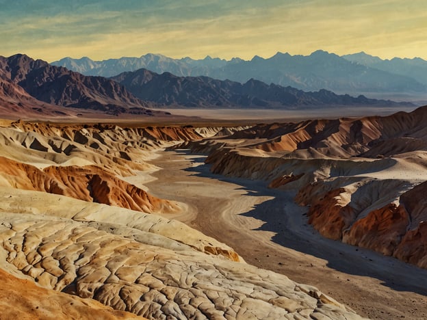 Das Bild zeigt eine faszinierende Landschaft mit sanften Hügeln und markanten Felsformationen, die typisch für den Death Valley Nationalpark sind. Der Nationalpark, der sich in Kalifornien und Nevada erstreckt, ist bekannt für seine extremen Temperaturen und vielfältigen geologischen Merkmale.Die polygonalen Muster und die Farben im Gestein, die von Brauntönen bis hin zu hellen, beigen Tönen reichen, zeugen von der Erosion und den einzigartigen mineralischen Zusammensetzungen der Region. Im Hintergrund sind die beeindruckenden Berge zu sehen, die den Park umrahmen. Die Szenerie vermittelt ein Gefühl von Weite und Ruhe und zeigt die raue Schönheit dieser Wüstenlandschaft.