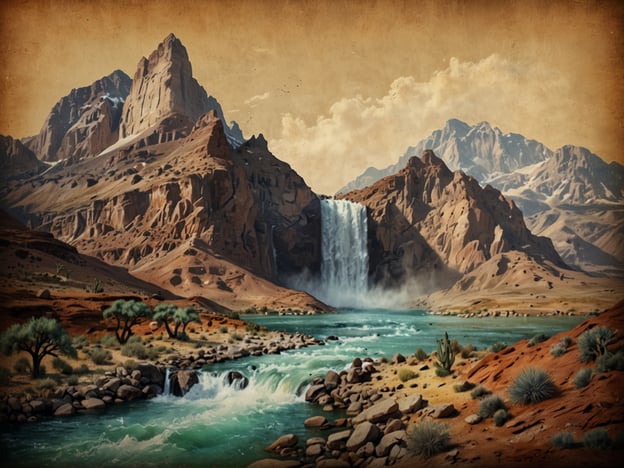 Das Bild zeigt eine beeindruckende Landschaft mit majestätischen Bergen, die in verschiedenen Schattierungen von Braun und Grau dargestellt sind. Im Vordergrund fließt ein klarer, türkisfarbener Fluss, der von steinigen Ufern umgeben ist. Eine atemberaubende Wasserfall stürzt sich in den Fluss, und der Sprühnebel verleiht der Szene eine dynamische Note. Die Umgebung ist geprägt von spärlichen, aber markanten Pflanzen, die das raue, aber wunderschöne Terrain unterstreichen. Diese Kombination aus Wasser, Gebirge und der weiten Wüstenlandschaft schafft ein faszinierendes Naturphänomen, das sowohl Ruhe als auch Kraft ausstrahlt.