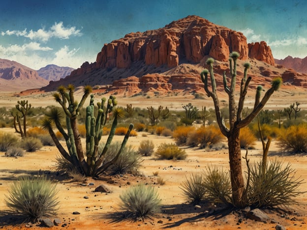 Auf dem Bild sind typische Merkmale der Flora und Fauna des Death Valley zu sehen. Die Landschaft zeigt verschiedene Sukkulenten und Kakteen, wie zum Beispiel Joshua-Bäume und Stachelkaktusse, die an die extremen Bedingungen des Wüstenklimas angepasst sind. Auch Sträucher und niedrige Pflanzen sind vorhanden, die sich im Wüstensand ausbreiten. Die Umgebung ist geprägt von imposanten roten Felsen und Bergen, die die rauen, aber faszinierenden geologischen Formationen des Death Valley darstellen.In der Fauna könnten Reptilien, Nagetiere oder verschiedene Vogelarten vorkommen, die sich an die harten Lebensbedingungen anpassen müssen. Die Kombination aus Pflanzen und tierischem Leben zeigt die besondere ökologische Vielfalt dieser Wüstenregion.