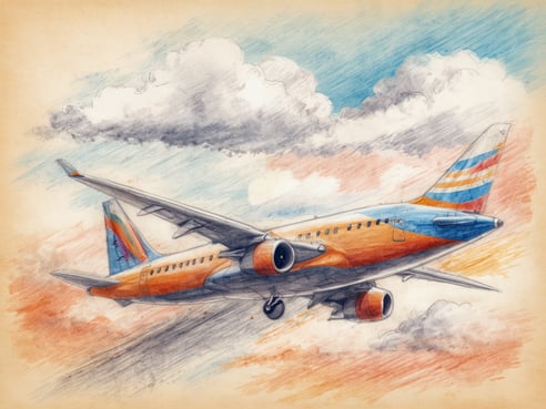 Ein buntes Flugzeug fliegt durch einen wolkigen Himmel. Die vordere Ansicht des Flugzeugs zeigt die Farbkombination aus Orange, Blau und Türkis. Weiche Wolken umgeben das Flugzeug, während ein sanfter Farbverlauf im Hintergrund von Blau zu Orange reicht. Das Bild vermittelt den Eindruck von Bewegung und Freiheit in der Luft.