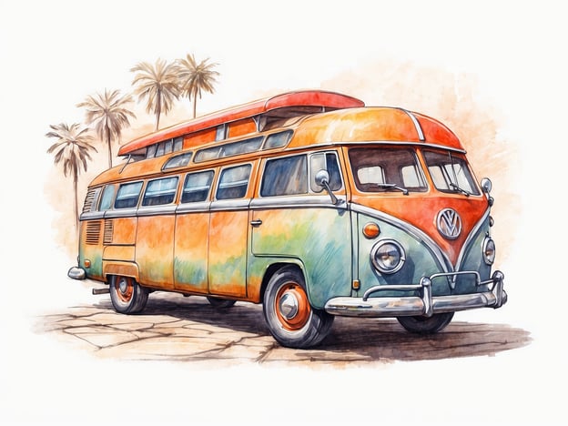 Auf dem Bild ist ein farbenfroher Volkswagen-Bus (VW Bus) zu sehen, der vor einer Palmenlandschaft steht. Dieser nostalgische Bus ist besonders beliebt bei Reisenden und Campern.**Praktische Informationen für Besucher:**1. **Verleihmöglichkeiten:** In vielen Regionen gibt es Mietstationen, die VW-Busse anbieten, ideal für Roadtrips oder Campingausflüge.2. **Reiseziele:** Überlegen Sie, Strände oder Nationalparks zu besuchen, wo Sie den Bus bequem parken können, um die Natur zu genießen.3. **Ausstattung:** Viele Busse sind mit campingfreundlichen Annehmlichkeiten wie Schlafplätzen, einer kleinen Küche und Stauraum ausgestattet.4. **Besondere Veranstaltungen:** Halten Sie Ausschau nach VW-Bus-Treffen oder Festivals, die oft eine tolle Gelegenheit zum Austausch mit Gleichgesinnten bieten.5. **Sicherheit:** Achten Sie darauf, die Fahrzeugsicherheit und eventuelle Campingvorschriften am gewählten Zielort zu beachten.