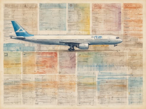 Ein Flugzeug in der Lackierung von TXL schwebt über einem Hintergrund aus verschiedenen Dokumenten und Unterlagen, die in unterschiedlichen Farben gehalten sind. Das Bild vermittelt ein Gefühl von Reiseflair und aviation history.