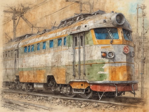 Ein nostalgischer Zug steht auf einem Gleis, umgeben von einer städtischen Kulisse. Die Lokomotive ist in sanften Farben gehalten, mit Griffen und Fenstern, die die Geschichte des Schienenverkehrs widerspiegeln. Im Hintergrund sind Stromleitungen sichtbar, die den industriellen Charakter der Szene unterstreichen. Diese Darstellung vermittelt ein Gefühl von Individualurlaub und Abenteuer.