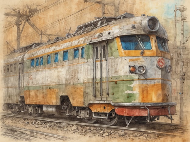Ein nostalgischer Zug steht auf einem Gleis, umgeben von einer städtischen Kulisse. Die Lokomotive ist in sanften Farben gehalten, mit Griffen und Fenstern, die die Geschichte des Schienenverkehrs widerspiegeln. Im Hintergrund sind Stromleitungen sichtbar, die den industriellen Charakter der Szene unterstreichen. Diese Darstellung vermittelt ein Gefühl von Individualurlaub und Abenteuer.