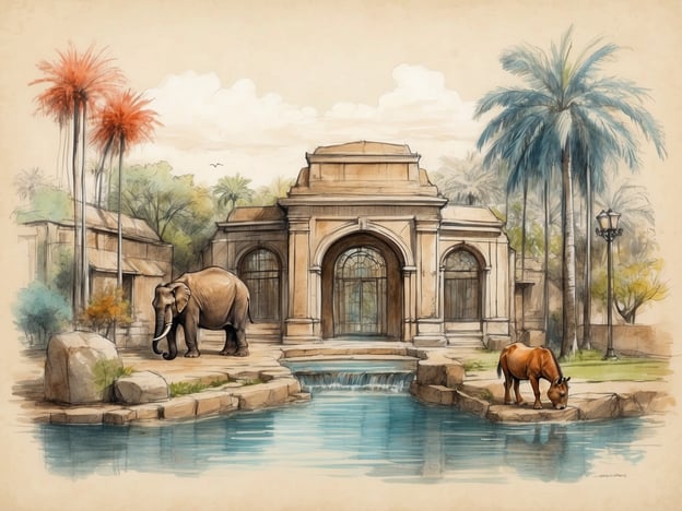 Auf dem Bild ist eine Szene zu sehen, die an die Gestaltung eines zoopädagogischen Umfelds erinnert, das mit Tieren und einer ansprechenden Architektur verbunden ist. Besonders der Elefant und das Pferd, die am Wasser stehen, symbolisieren die Vielfalt der Tierarten, die in einem Zoo vertreten sein können. Der Allwetterzoo, bekannt für seine innovative Gestaltung, bietet Lebensräume, die die natürlichen Bedingungen der Tiere im Revier nachahmen.Die Gebäude im Hintergrund scheinen eine Mischung historischer und moderner Architektur zu darstellen, was an die Bemühungen vieler Zoos erinnert, sowohl Tiere als auch Besucher durch ansprechende Umgebungen zu verbinden. Im Allwetterzoo sind neben Tieren auch Aufklärungszentren und Besucherbereiche wichtig, um den Austausch über Tier- und Naturschutz zu fördern.Insgesamt vermittelt das Bild die Schönheit und Bedeutung von Zoos als Orte der Bildung und Erhaltung der Artenvielfalt.