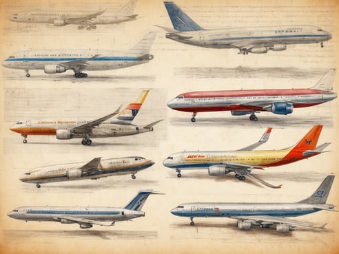 Auf dem Bild sind verschiedene Flugzeuge in seitlicher Ansicht abgebildet. Die Flugzeuge sind detailliert gezeichnet und zeigen unterschiedliche Designs und Farben. In der oberen Reihe befinden sich mehrere Jets, darunter ein Flugzeug mit blauer und weißer Lackierung. In der mittleren Reihe sind weitere Flugzeuge in unterschiedlichen Farben und mit verschiedenen Schriftzügen dargestellt, darunter ein orangefarbenes und ein rotes Flugzeug. Die untere Reihe zeigt ebenfalls Flugzeuge mit charakteristischen Farbkombinationen und Logos. Der Hintergrund ist beige mit angedeuteten Linien, die den skizzierten Charakter verstärken.