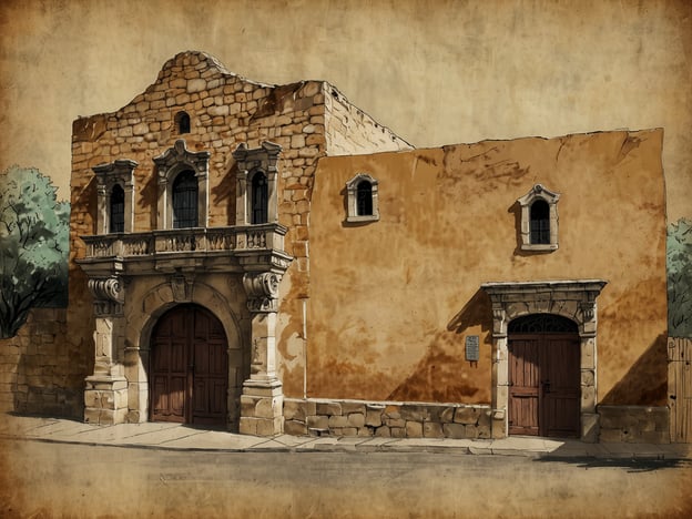 Auf dem Bild ist eine Darstellung eines historischen Gebäudes zu sehen, das architektonisch an das Alamo erinnert. Das Alamo ist ein bedeutendes historisches Wahrzeichen in Texas, das für seine Rolle im texanischen Unabhängigkeitskrieg bekannt ist.Die Architektur zeigt typische Elemente aus dem Mission- oder Kolonialstil, charakterisiert durch die Verwendung von Stein und eine eindrucksvolle Fassade mit dekorativen Details. Besonders hervorzuheben sind die große Eingangstür und die kleinen Fenster, die dem Gebäude einen rustikalen Charme verleihen.Der Erhalt solcher historischer Stätten ist von großer Bedeutung, da sie nicht nur die Geschichte verkörpern, sondern auch die kulturelle Identität und das Erbe der Region bewahren. Der Schutz und die Renovierung des Alamo sind entscheidend, um zukünftigen Generationen einen Einblick in die historischen Ereignisse und die Architektur dieser Zeit zu ermöglichen.