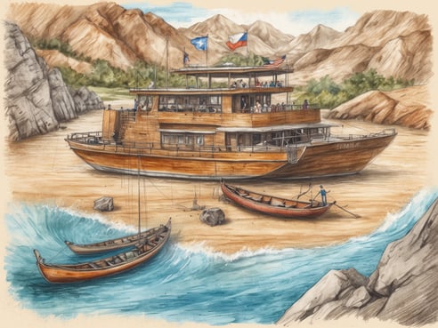 Auf dem Bild ist ein großes, hölzernes Schiff zu sehen, das am Ufer eines Strandes vor einer gebirgigen Kulisse angelegt hat. Menschen befinden sich auf dem oberen Deck und genießen den Blick auf die Umgebung. Am Strand sind mehrere kleinere Boote zu sehen, während Wellen sanft auf den Sand treffen. Im Hintergrund erheben sich große, karge Berge, die eine natürliche Kulisse bieten. Die Szene strahlt eine entspannte Atmosphäre aus, die ideal für einen Junggesellenabschied auf dem Wasser sein könnte.
