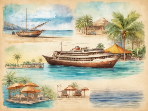 Das Bild zeigt eine malerische Collage von tropischen Szenen. Oben links ist ein traditionelles Holzboot am Ufer eines Strandes mit Menschen zu sehen. Darunter befindet sich eine farbenfrohe Darstellung eines großen Schiffes, das auf klarem Wasser fährt. In der oberen rechten Ecke sieht man eine ruhige Strandlandschaft mit Palmen und einer kleinen Hütte. In der unteren linken Ecke sind Liegestühle und Sonnenschirme auf einem kleinen Pier dargestellt, umgeben von Palmen und türkisfarbenem Wasser. Dieses Bild strahlt eine entspannte, tropische Atmosphäre aus.