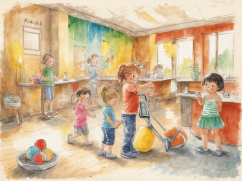 In einem bunten Kinderclub im Hotel spielen mehrere Kinder und Erwachsene miteinander. Im Vordergrund stehen zwei Mädchen, eines mit einem orangefarbenen Shirt und das andere in einem gestreiften Kleid. Sie scheinen mit einem Spielzeug zu interagieren. Im Hintergrund sind weitere Kinder und Erwachsene zu sehen, die beschäftigt sind, während ein Mädchen eine Art Spielzeugreinigung durchführt. Ein Tisch mit Geschirr und Getränken ist ebenfalls sichtbar. Auf dem Boden liegt eine Schüssel mit bunten Bällen. Der Raum ist hell und freundlich gestaltet, mit bunten Wänden und großen Fenstern, die Tageslicht hereinlassen.