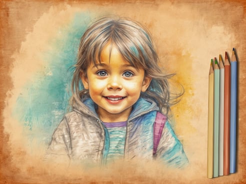 Ein lächelndes Kind mit langen, braunen Haaren und großen blauen Augen steht vor einem bunten Hintergrund. Das Kind trägt eine graue Jacke mit einem blauen und gestreiften Oberteil darunter. Im rechten Bildbereich sind einige bunte Buntstifte zu sehen, die neben dem Kind angeordnet sind. Die gesamte Szene vermittelt eine fröhliche und kreative Stimmung.