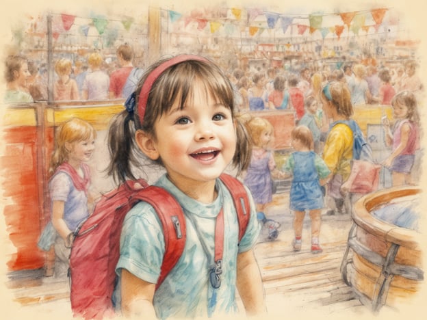Ein lächelndes Mädchen mit einem roten Rucksack steht im Vordergrund. Sie trägt ein hellblaues T-Shirt und hat zwei Zöpfe. Im Hintergrund sind viele weitere Kinder und Erwachsene zu sehen, die sich auf einem bunten Kinderfest mit Festzelt und Wimpeln bewegen. Die Atmosphäre ist fröhlich und lebhaft, mit vielen bunten Kleidungsstücken und strahlenden Gesichtern.
