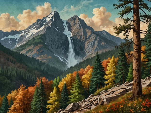 Auf dem Bild sind majestätische Berge mit schneebedeckten Gipfeln und einem beeindruckenden Wasserfall zu sehen, umgeben von bunten Laubbäumen in warmen Herbsttönen. Dies erinnert an die atemberaubende Natur rund um Asheville, North Carolina, wo man ähnliche Landschaften entdecken kann.Die Blue Ridge Mountains bieten zahlreiche Wanderwege, die durch Wälder mit einer reichen Artenvielfalt führen. Besonders im Herbst verwandelt sich die Umgebung in ein Farbenmeer, während die Blätter sich verfärben.Ein Besuch im Pisgah National Forest oder im Great Smoky Mountains Nationalpark ermöglicht es, Wasserfälle wie den Looking Glass Falls zu sehen und die Schönheit der Natur hautnah zu erleben. Solche Erlebnisse machen Asheville zu einem beliebten Ziel für Naturliebhaber und Wanderfreunde.