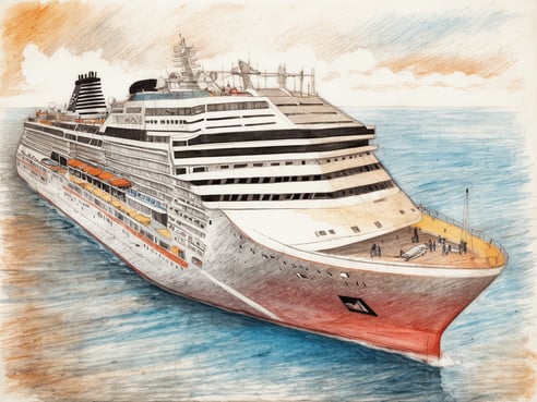 Auf dem Bild ist ein großes Kreuzfahrtschiff zu sehen, das majestätisch auf dem Wasser fährt. Das Schiff hat mehrere Decks mit bunten Balkonen, die den Passagieren einen Blick auf die See bieten. Einige Personen stehen auf dem oberen Deck und genießen die Aussicht. Der Himmel ist leicht bewölkt und es reflektiert sich sanft im Wasser. Die Farben des Schiffs sind lebhaft, mit einer weißen und roten äußeren Struktur, die durch die verschiedenen Decks und Fenster hervorgehoben wird.